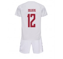 Danska Kasper Dolberg #12 Koszulka Wyjazdowa dzieci MŚ 2022 Krótki Rękaw (+ krótkie spodenki)