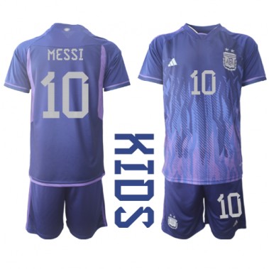 Argentina Lionel Messi #10 Koszulka Wyjazdowa dzieci MŚ 2022 Krótki Rękaw (+ krótkie spodenki)