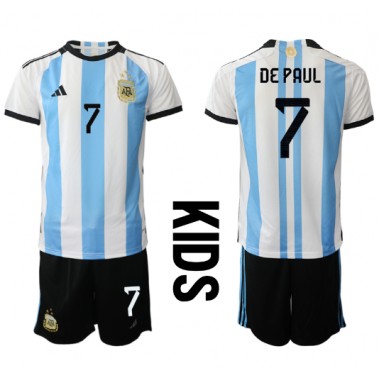 Argentina Rodrigo de Paul #7 Koszulka Podstawowa dzieci MŚ 2022 Krótki Rękaw (+ krótkie spodenki)