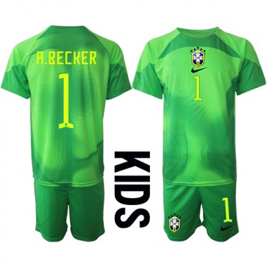 Brazil Alisson Becker #1 Bramkarskie Koszulka Wyjazdowa dzieci MŚ 2022 Krótki Rękaw (+ krótkie spodenki)