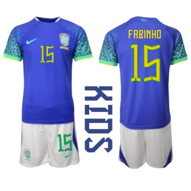 Brazil Fabinho #15 Koszulka Wyjazdowa dzieci MŚ 2022 Krótki Rękaw (+ krótkie spodenki)