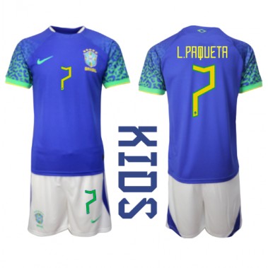 Brazil Lucas Paqueta #7 Koszulka Wyjazdowa dzieci MŚ 2022 Krótki Rękaw (+ krótkie spodenki)