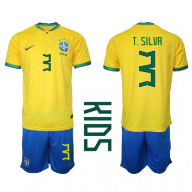 Brazil Thiago Silva #3 Koszulka Podstawowa dzieci MŚ 2022 Krótki Rękaw (+ krótkie spodenki)