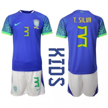 Brazil Thiago Silva #3 Koszulka Wyjazdowa dzieci MŚ 2022 Krótki Rękaw (+ krótkie spodenki)