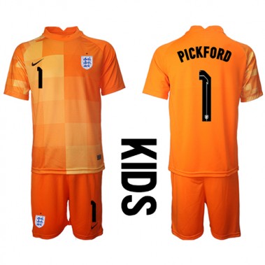 Engleska Jordan Pickford #1 Bramkarskie Koszulka Wyjazdowa dzieci MŚ 2022 Krótki Rękaw (+ krótkie spodenki)