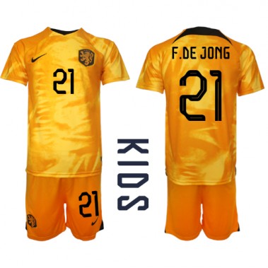 Nizozemska Frenkie de Jong #21 Koszulka Podstawowa dzieci MŚ 2022 Krótki Rękaw (+ krótkie spodenki)