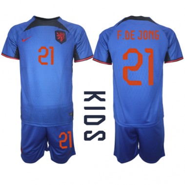 Nizozemska Frenkie de Jong #21 Koszulka Wyjazdowa dzieci MŚ 2022 Krótki Rękaw (+ krótkie spodenki)
