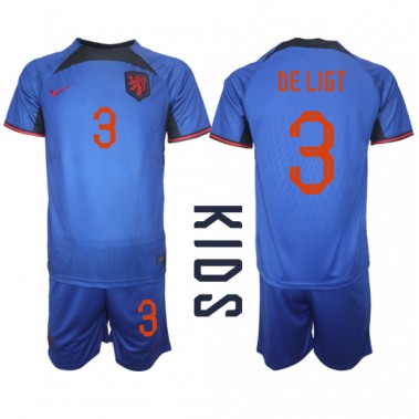 Nizozemska Matthijs de Ligt #3 Koszulka Wyjazdowa dzieci MŚ 2022 Krótki Rękaw (+ krótkie spodenki)
