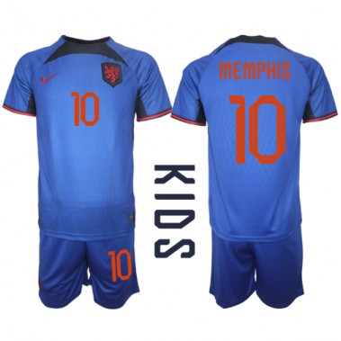 Nizozemska Memphis Depay #10 Koszulka Wyjazdowa dzieci MŚ 2022 Krótki Rękaw (+ krótkie spodenki)
