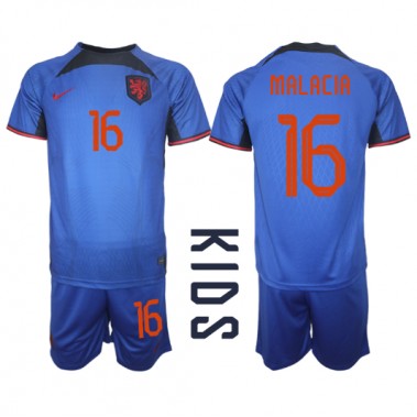 Nizozemska Tyrell Malacia #16 Koszulka Wyjazdowa dzieci MŚ 2022 Krótki Rękaw (+ krótkie spodenki)