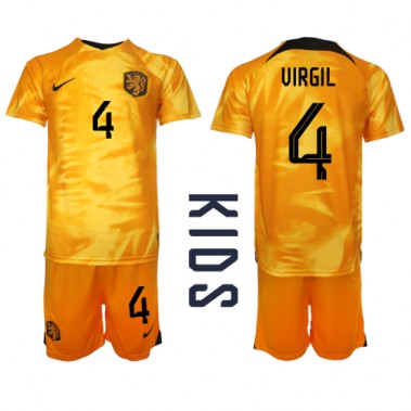 Nizozemska Virgil van Dijk #4 Koszulka Podstawowa dzieci MŚ 2022 Krótki Rękaw (+ krótkie spodenki)